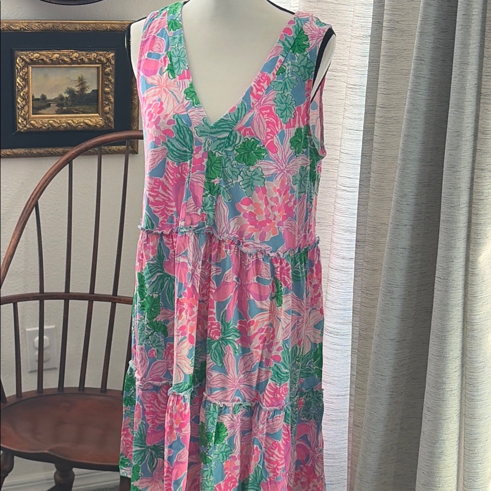 Lilly Pulitzer Lorina Swing Sleeveless Floral V-Neck Sundress in Pink & Green